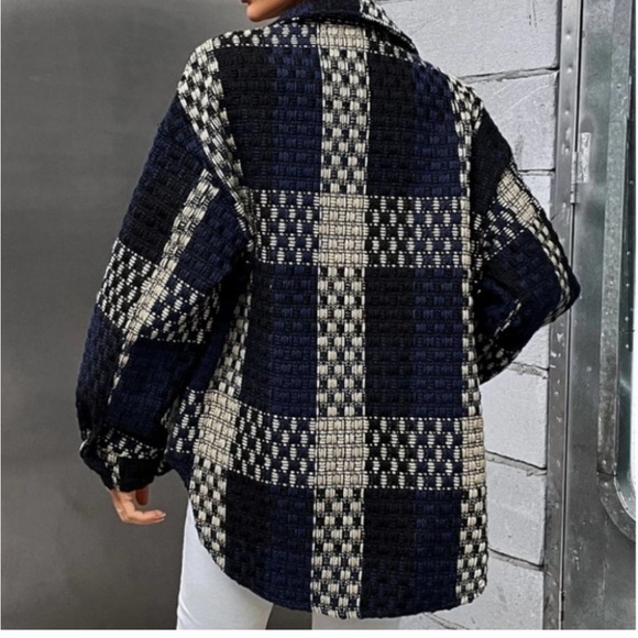 Navy Plaid Print Flap Pocket Oversized button front Casual Shacket jacket Coat - Picture 3 of 4